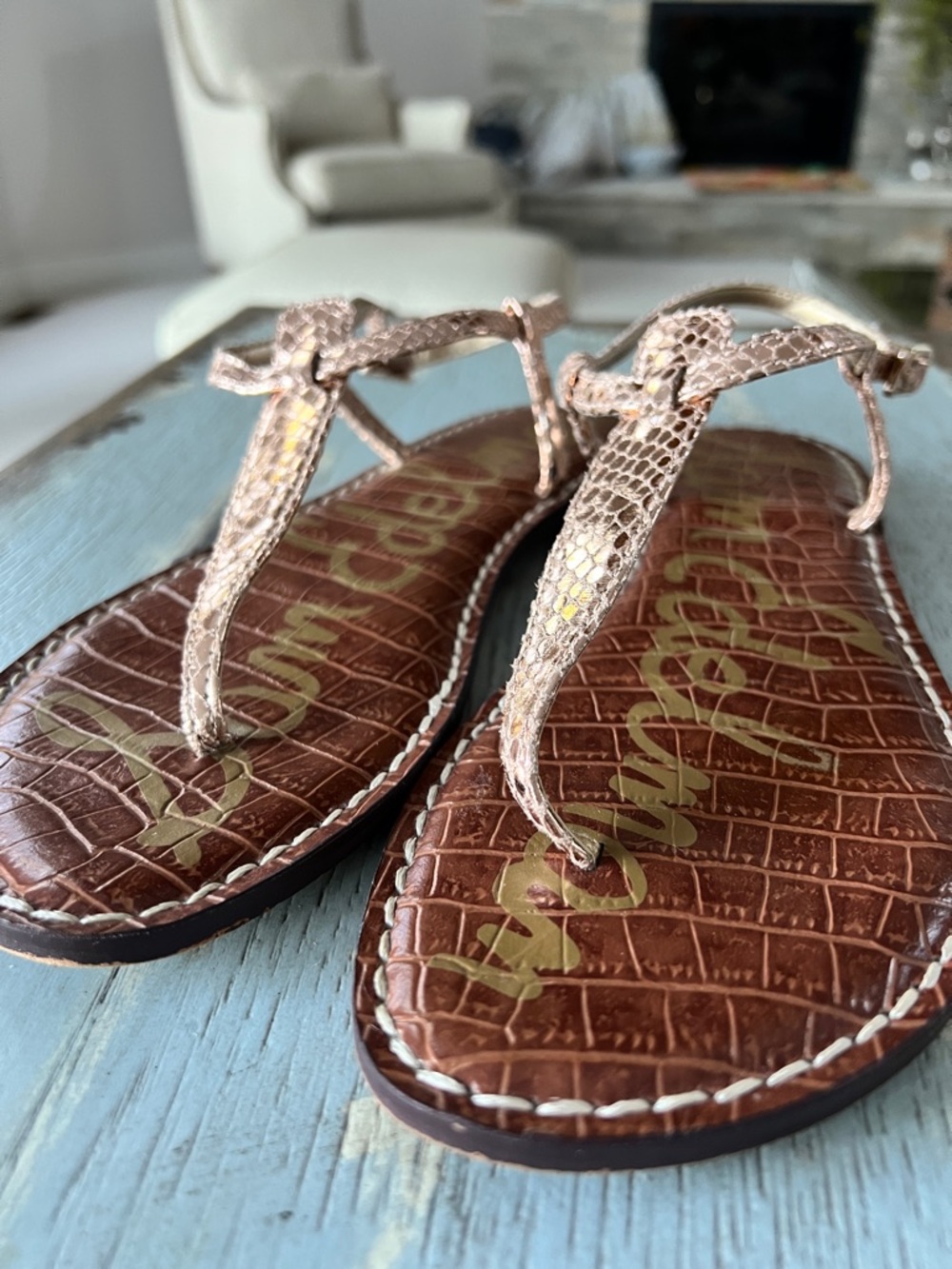 Sam Edelman Rose Gold Faux-Snake T-Strap Sandals